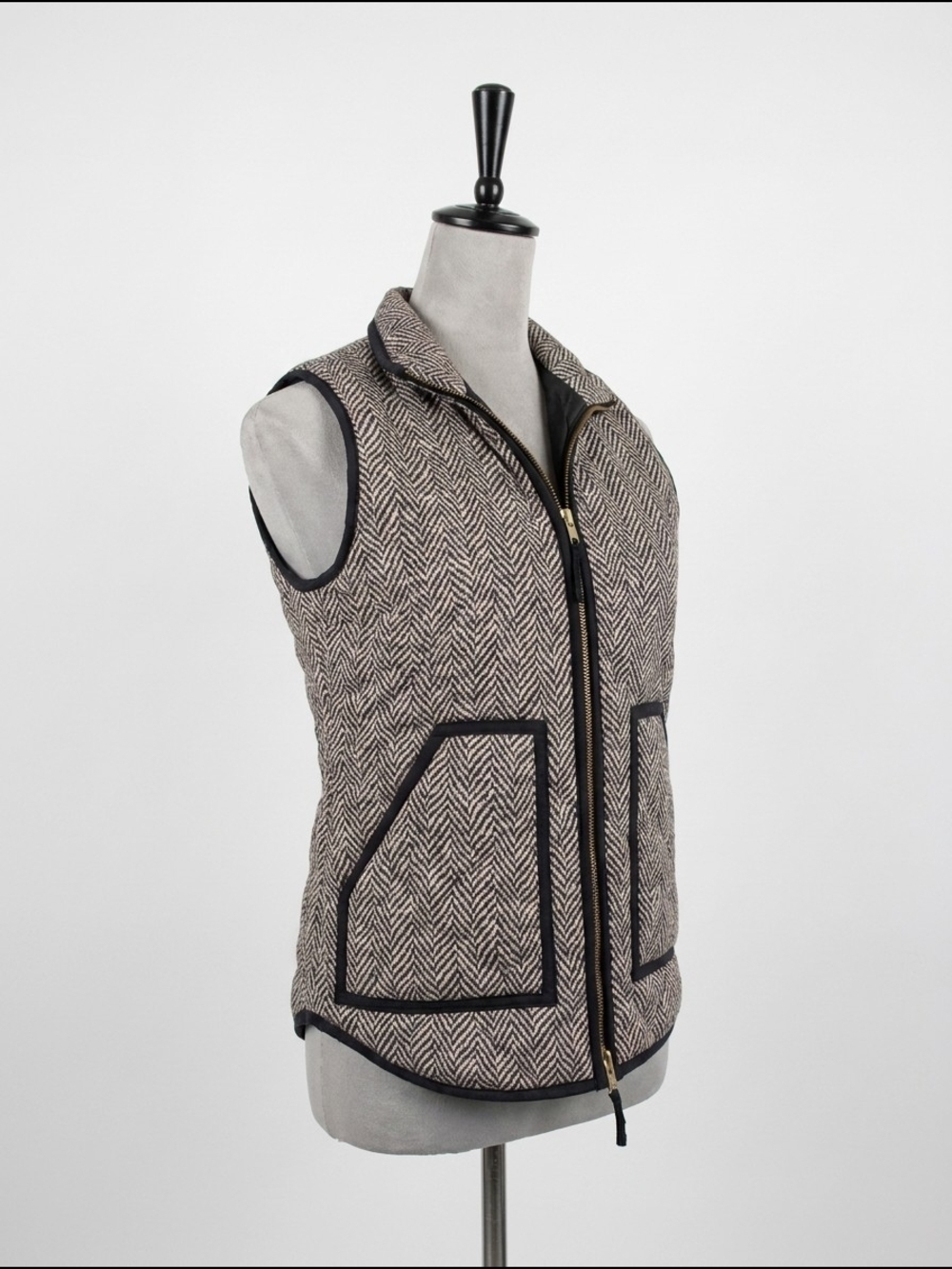 J. Crew Taupe Herringbone Quilted Vest with Black Trim